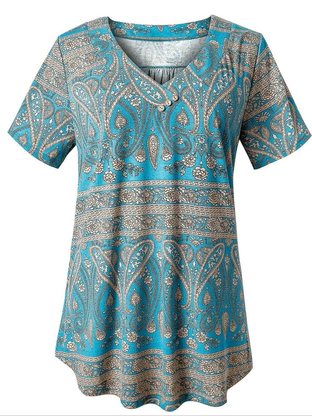 Womens Size M Teal Paisley Boho Tunic Top Short Sleeve V Neck Casual Blouse